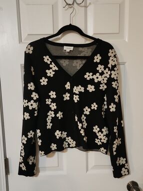 CeCe Black Cardigan with White Floral Print